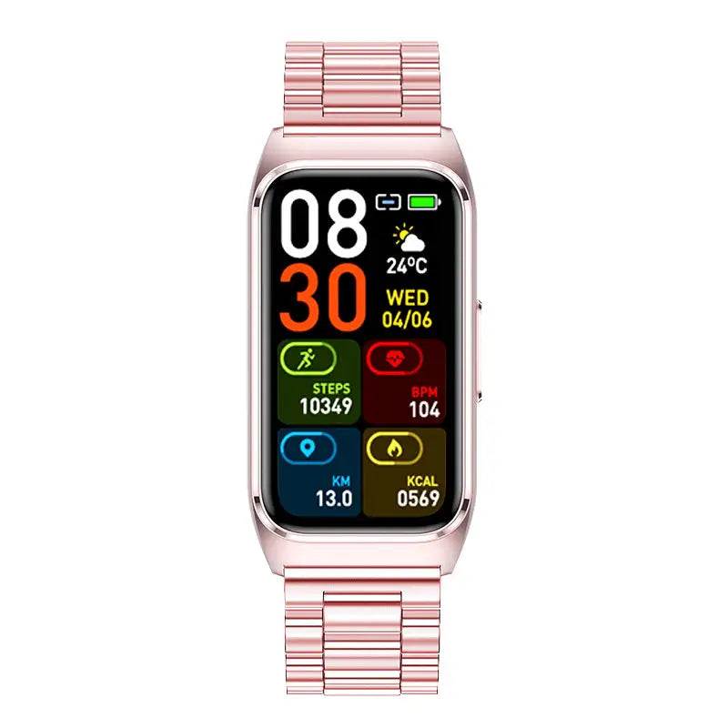 Smartwatch-ul vu-tek tk75 roz gold cu ecran dreptunghiular colorat, bratara link silicon si apel bluetooth integrat