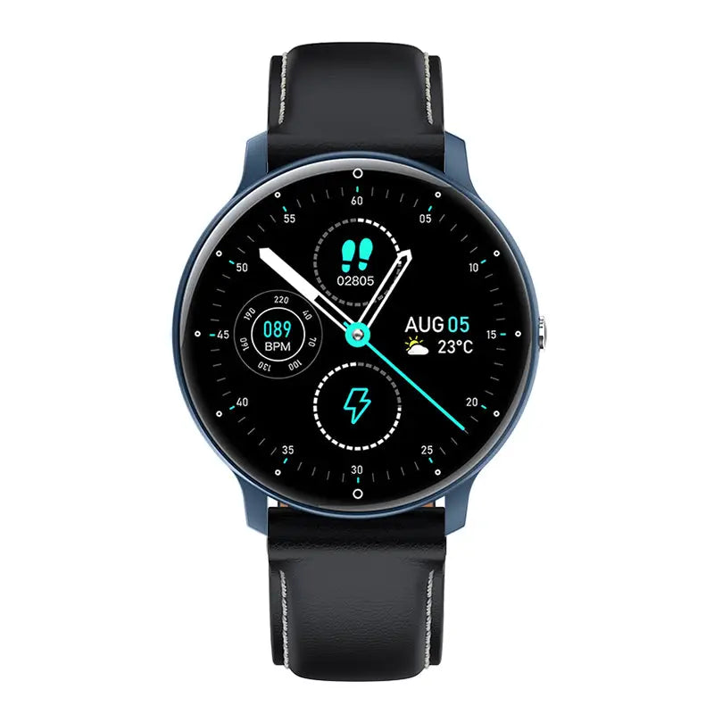 Smartwatch vu-tek zl02cpro albastru cu bratara neagra din piele si apeluri bluetooth plus monitorizare ritm cardiac