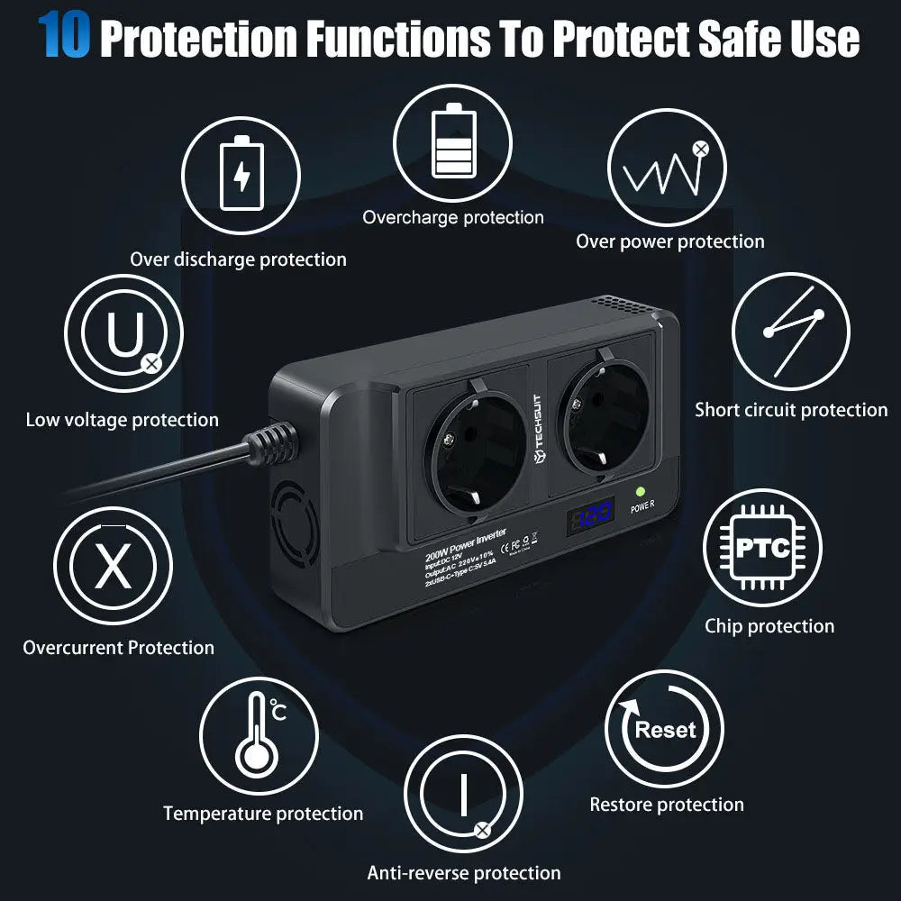 Techsuit powerdrivex invertor auto 200w negru cu 2 prize europene si ecran digital descoperiți noul invertor