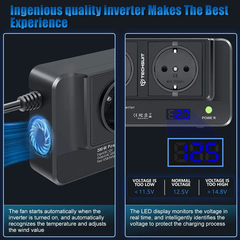 Black techsuit powerdrivex 200w inverter cu ventilator si afisaj digital pentru tensiune 220v pentru masina
