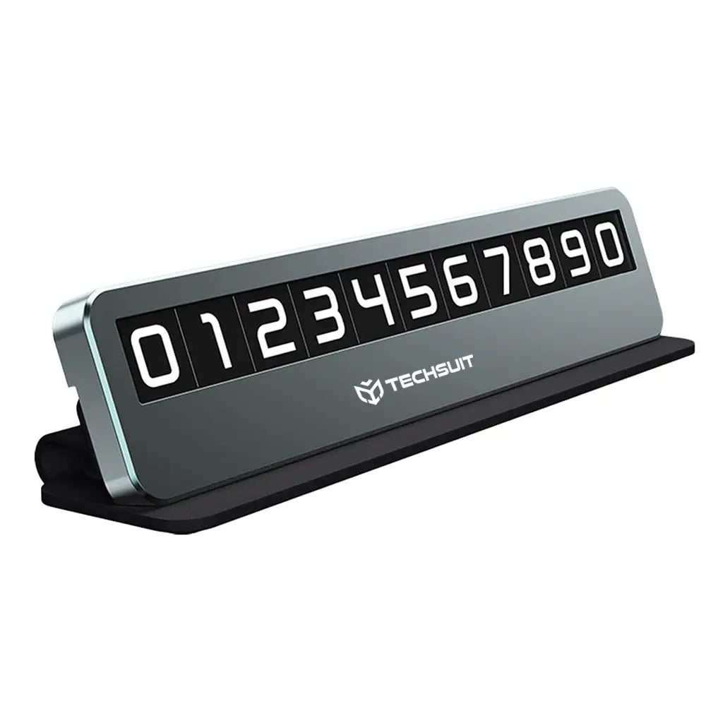Afisaj digital negru cu rama argintie pentru placa auto techsuit premium cu numere magnetice albe si logo techsuit