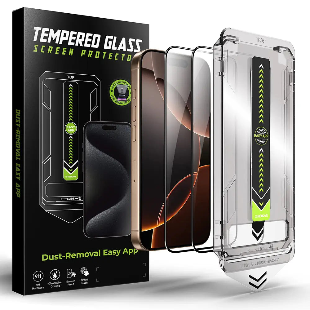 Techsuit titanglass fullcover ecran de sticla temperata neagra cu design neon verde si aplicatie pentru indepartarea prafului