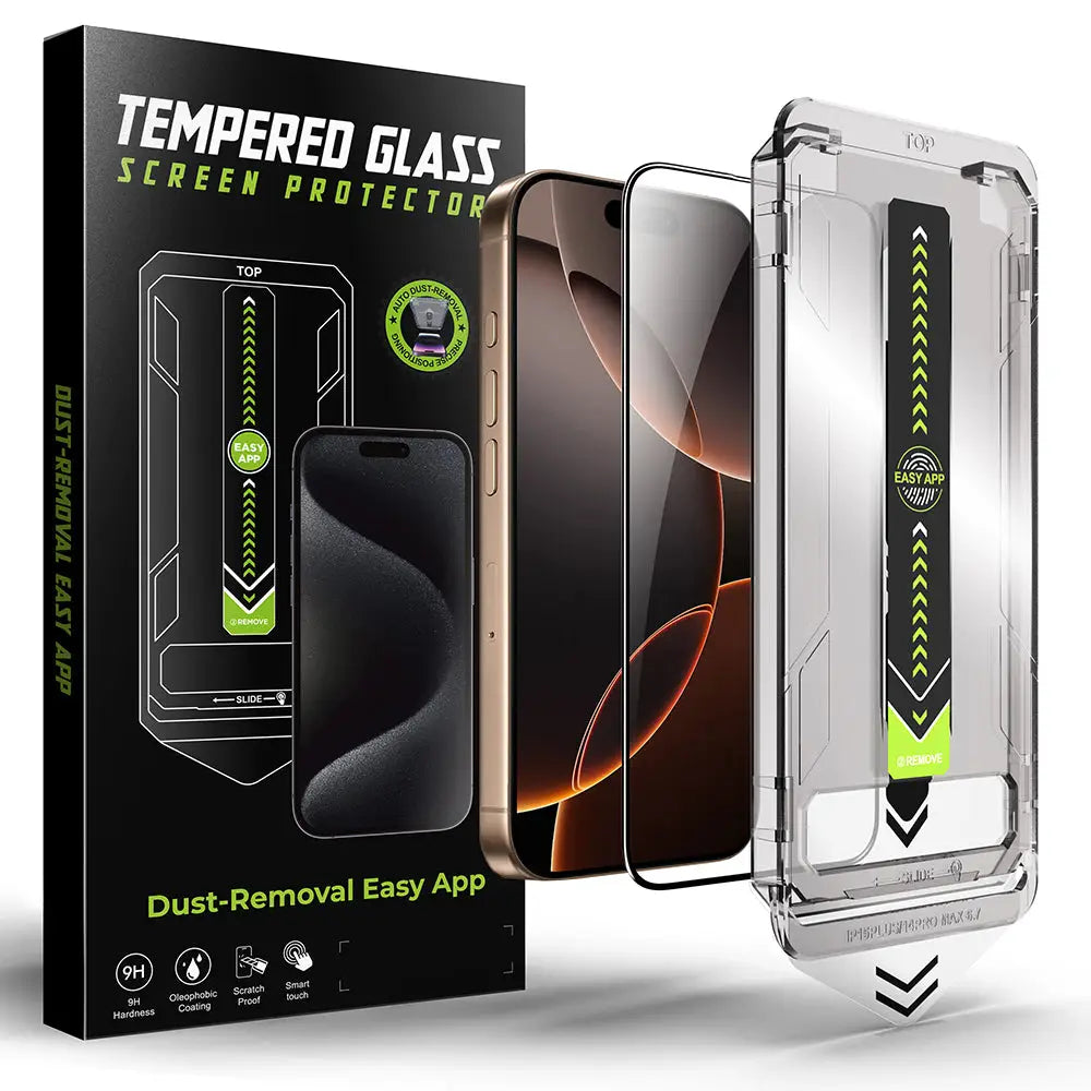 Folia techsuit titanglass din sticla temperata clara cu accente negre si verde neon pentru protecție premium edge-to-edge la iphone 16 pro si 17