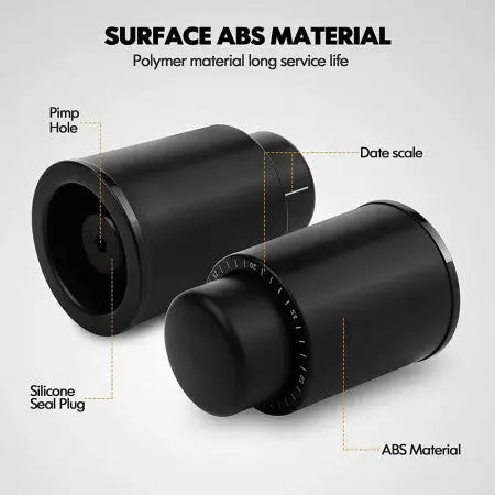 Black cylindrical technsuit wine stopper with time scale record made of abs plastic and silicone seal plug