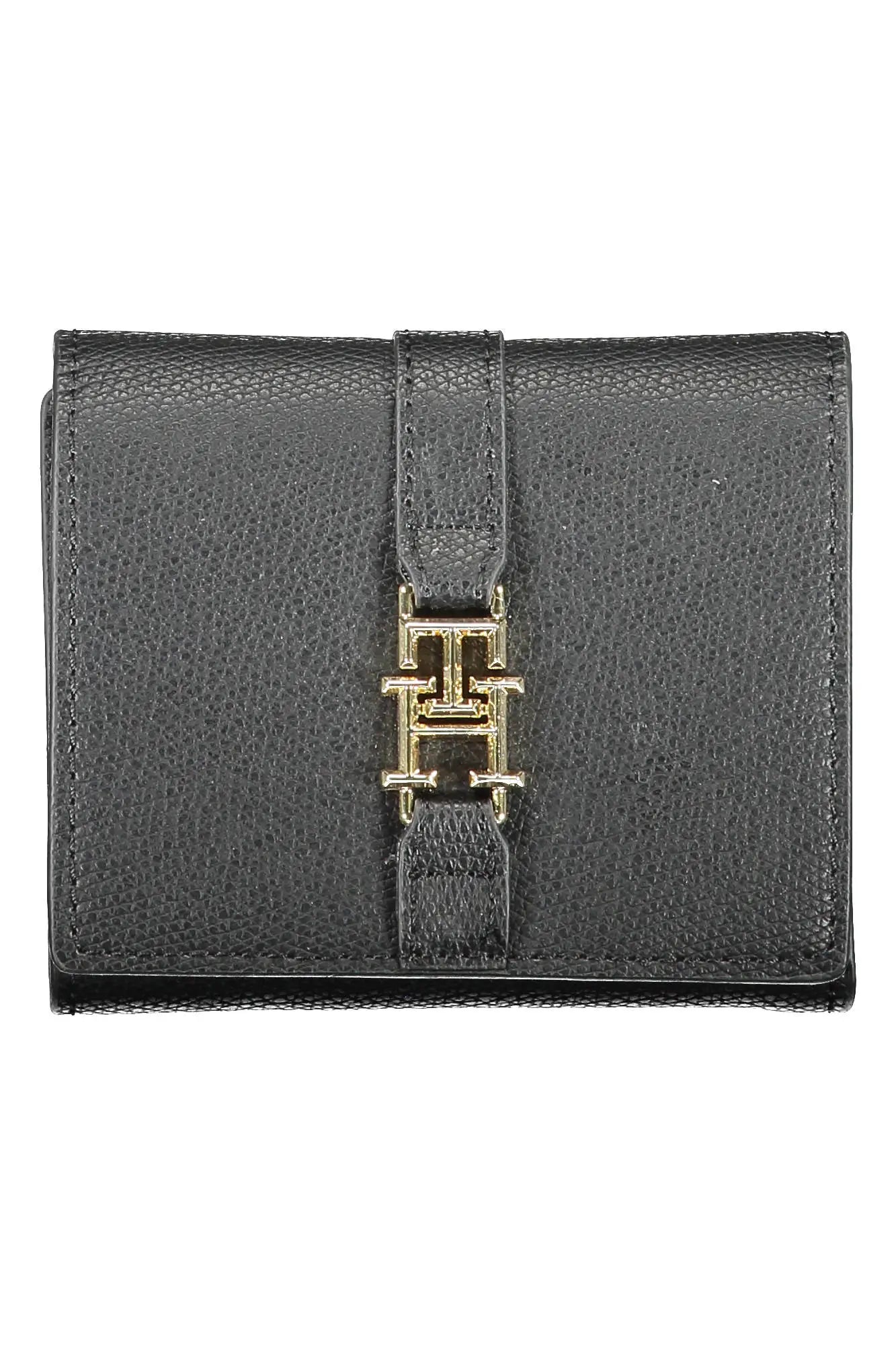 Tommy hilfiger women’s wallet black din piele texturata cu catarama metalica aurie si sigla h intercalata