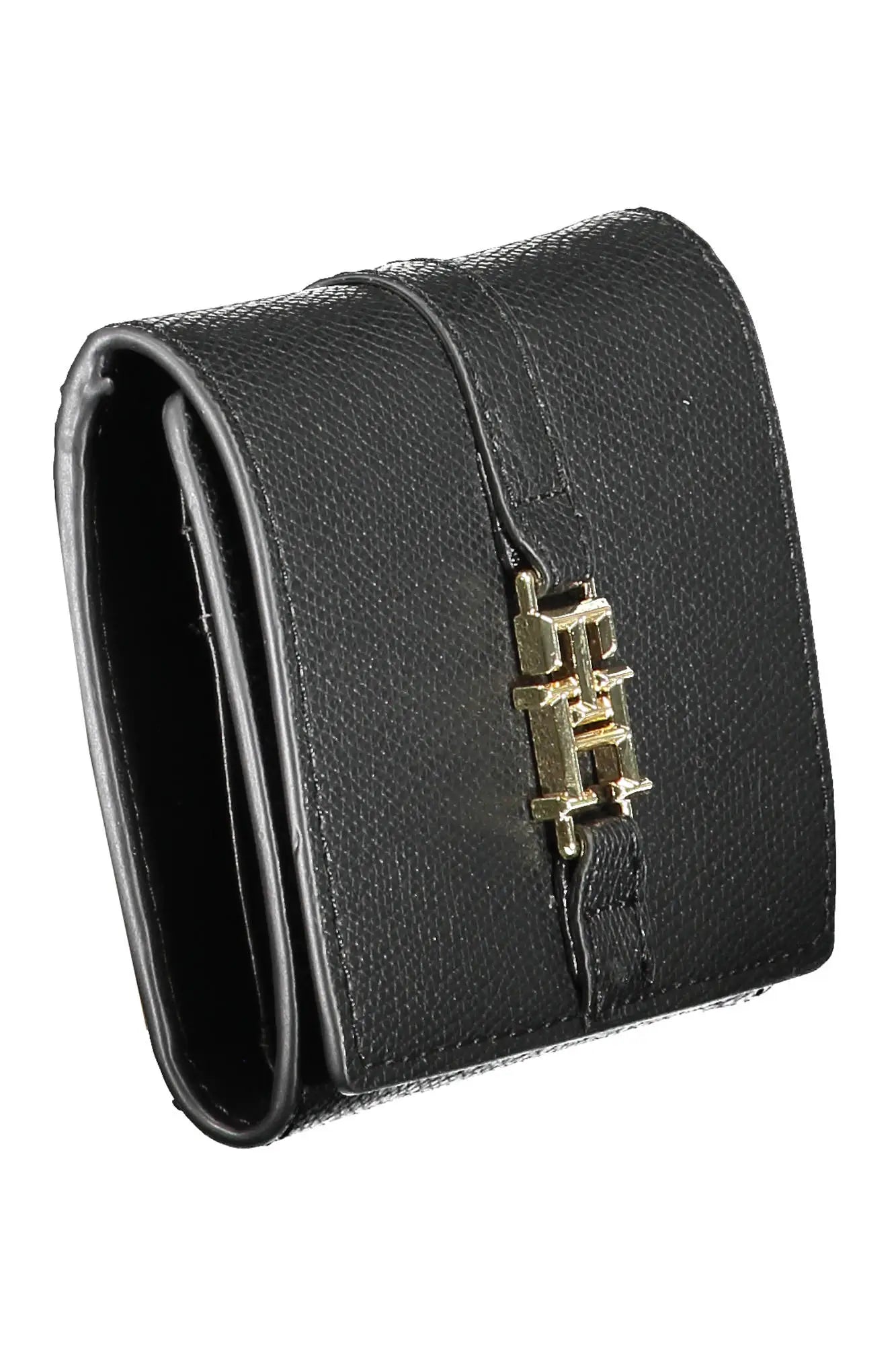 Portofel tommy hilfiger de dama negru din piele texturata cu inchizatoare metalica aurie trifold