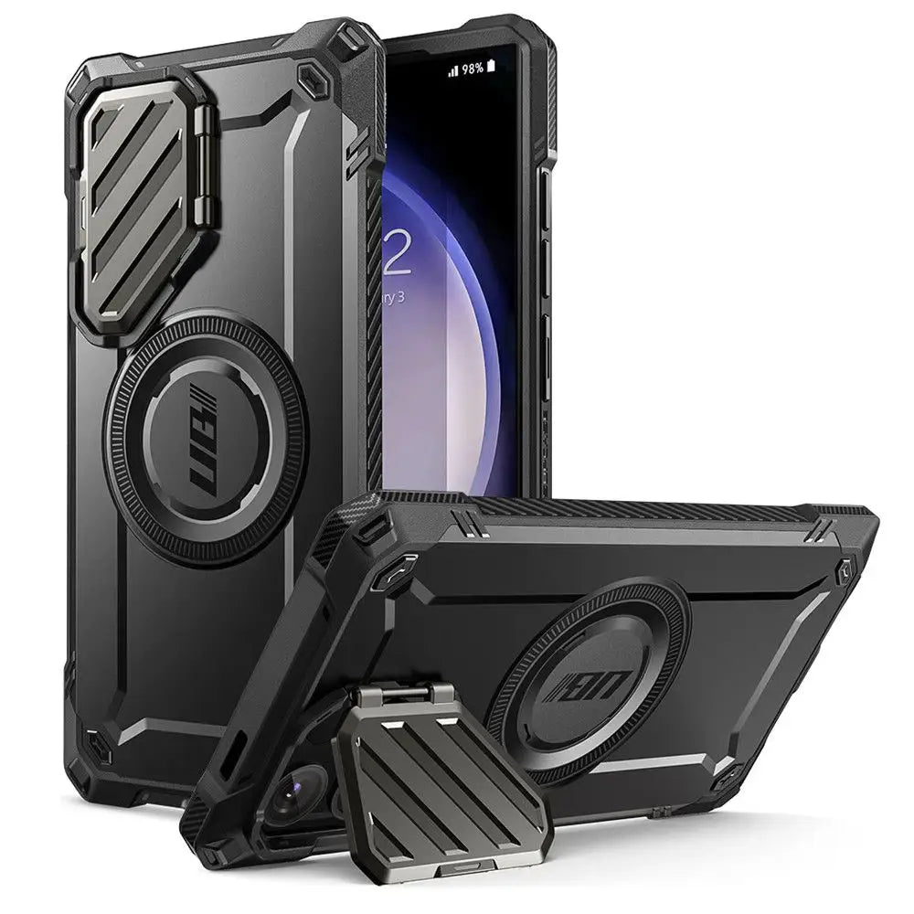 Black rugged unicorn beetle xt magsafe phone case with magnetic ring stand for samsung galaxy s24 ultra back side