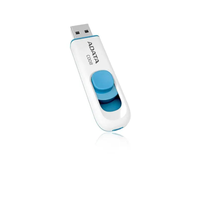 Un usb 16gb adata c008 alb si albastru cu design glisant pentru capac si usb 2.0 rapid