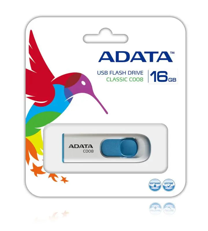 Usb 16gb adata c008 alb și albastru cu capac glisant în ambalaj colorat cu colibri viu colorat