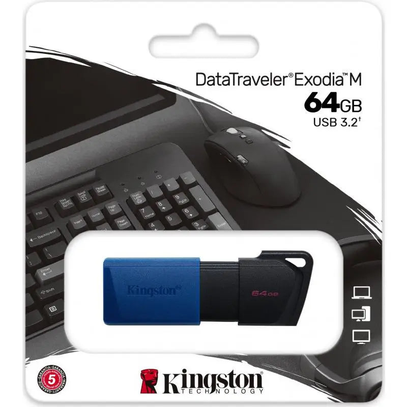 Kingston datatraveler exodia m 64gb usb 3.2 albastru negru cu design elegant si logo pe sectiunea albastra