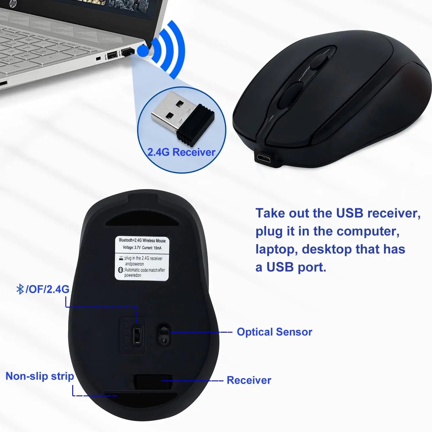 Mouse ergonomic negru vu-tek 127 wireless dual mode cu receptor 2.4g și senzor optic pentru confortul și versatilitatea laptopului sau desktopului