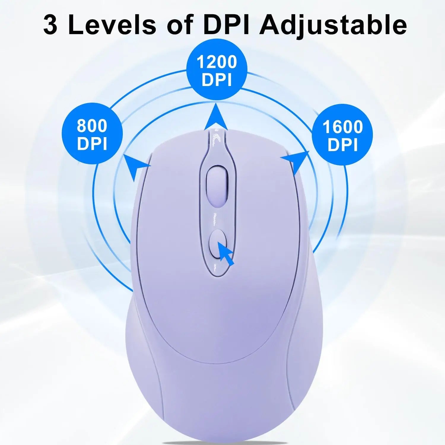 Un mouse wireless reîncărcabil lavanda vu-tek 127 cu finish plastic mat și versatilitatea mouse-ului wireless cu trei setări dpi