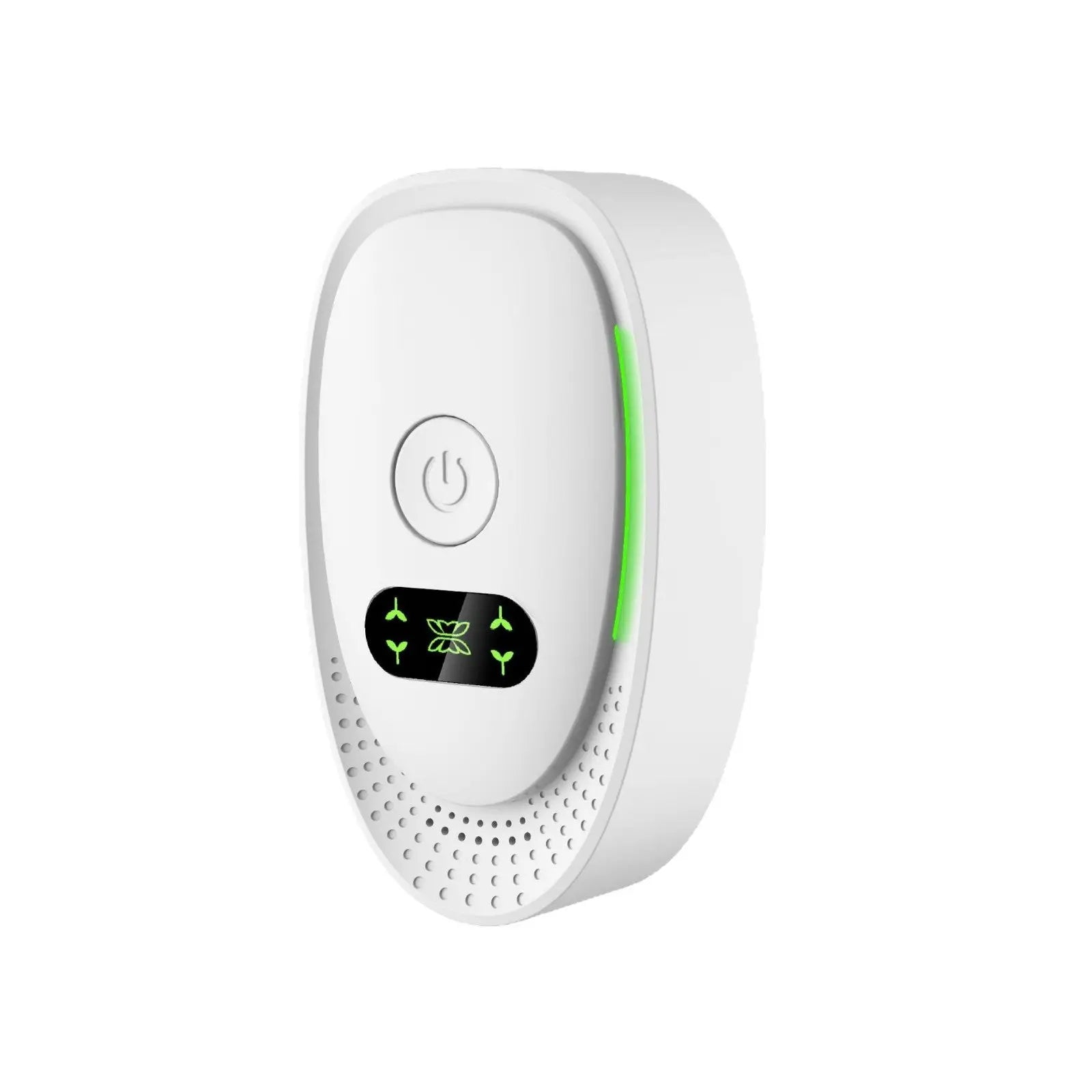 Dispozitiv electronic alb oval cu buton verde si ecran negru cu icoane de plante pentru producția de ioni negativi și îmbunătățirea calității aerului