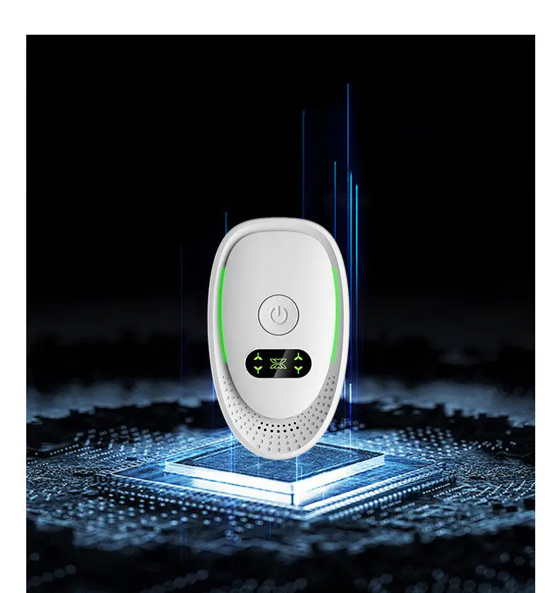 Dispozitiv alb oval vu-tek 610 cu buton verde iluminat și afișaj digital, purificator aer cu ioni negativi pentru îmbunătăți calitatea aerului