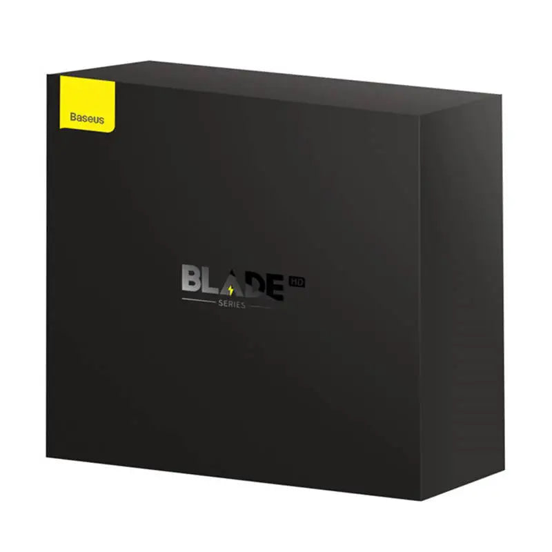 Cutie neagră rectangulară baseus ppbl000301 cu logo pe stick galben și branding silver power bank blade bateria externa