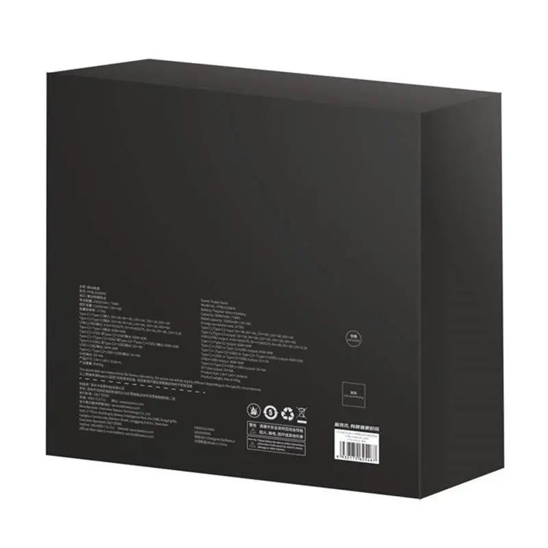 Black rectangular back box of baseus ppbl000301 power bank blade with minimalist design and specs in white text