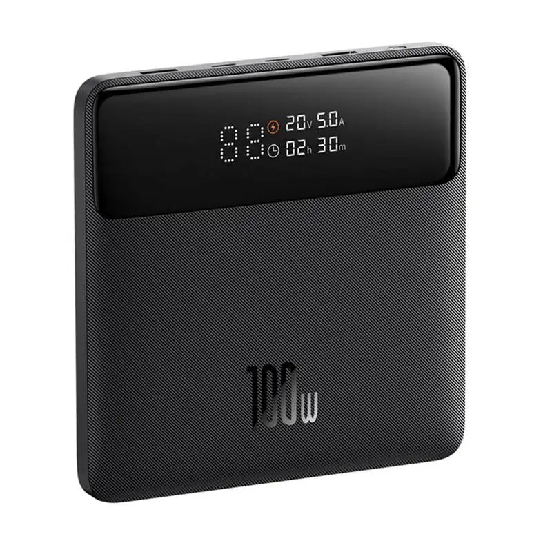 Black textured baseus ppbl000301 power bank blade with digital display showing voltage current and remaining time bateria externa