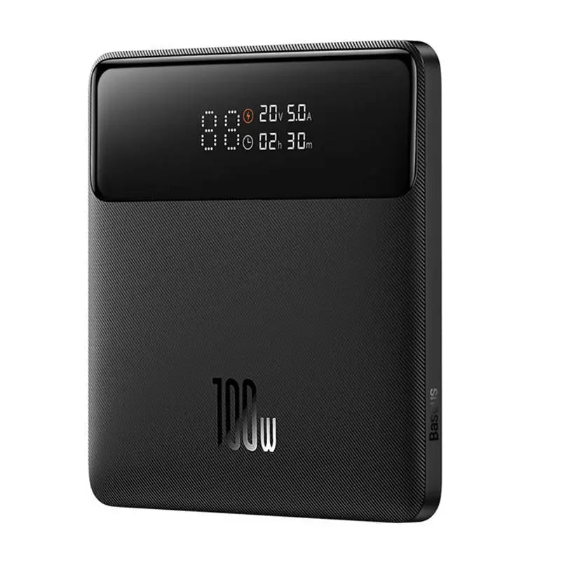 Black textured power bank blade hd 100w with digital display showing voltage and time baseus ppbl000301 bateria externa