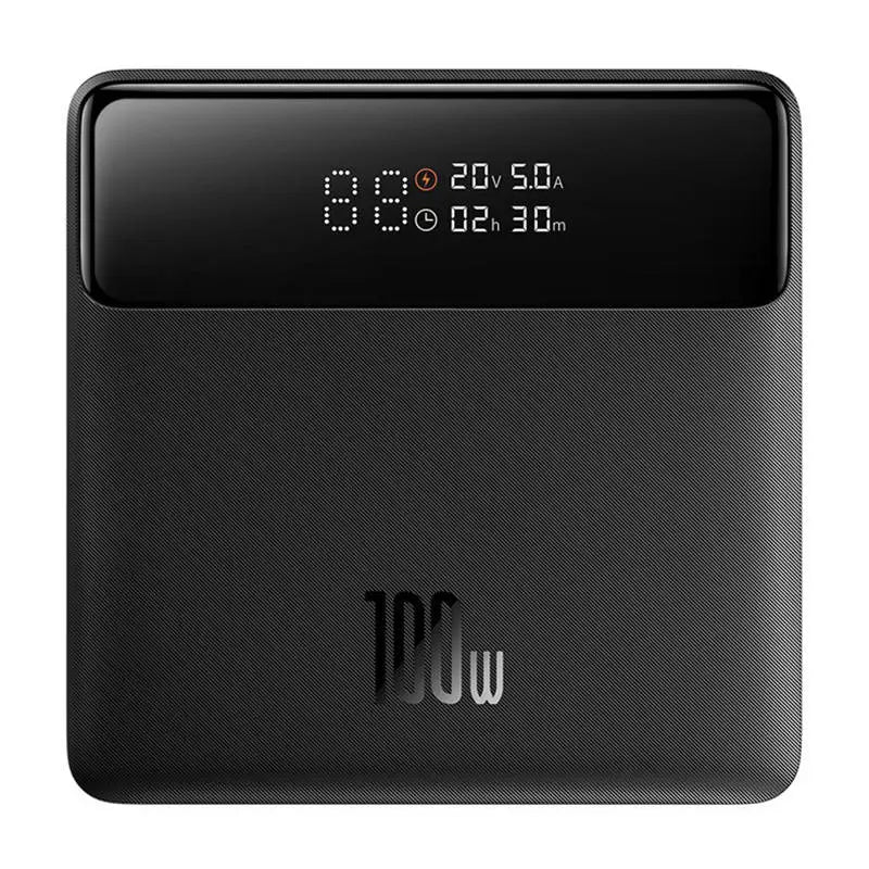Black textured 100w fast charging baseus ppbl000301 power bank blade with digital display showing voltage current and time