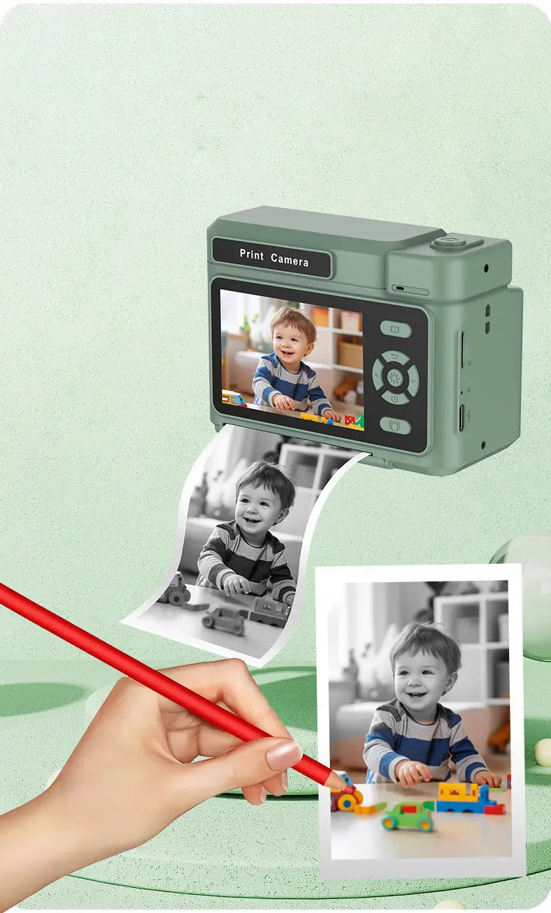 Vu-tek d15 cameră foto instant olive green cu ecran mic și imprimare termică alb-negru pentru copii