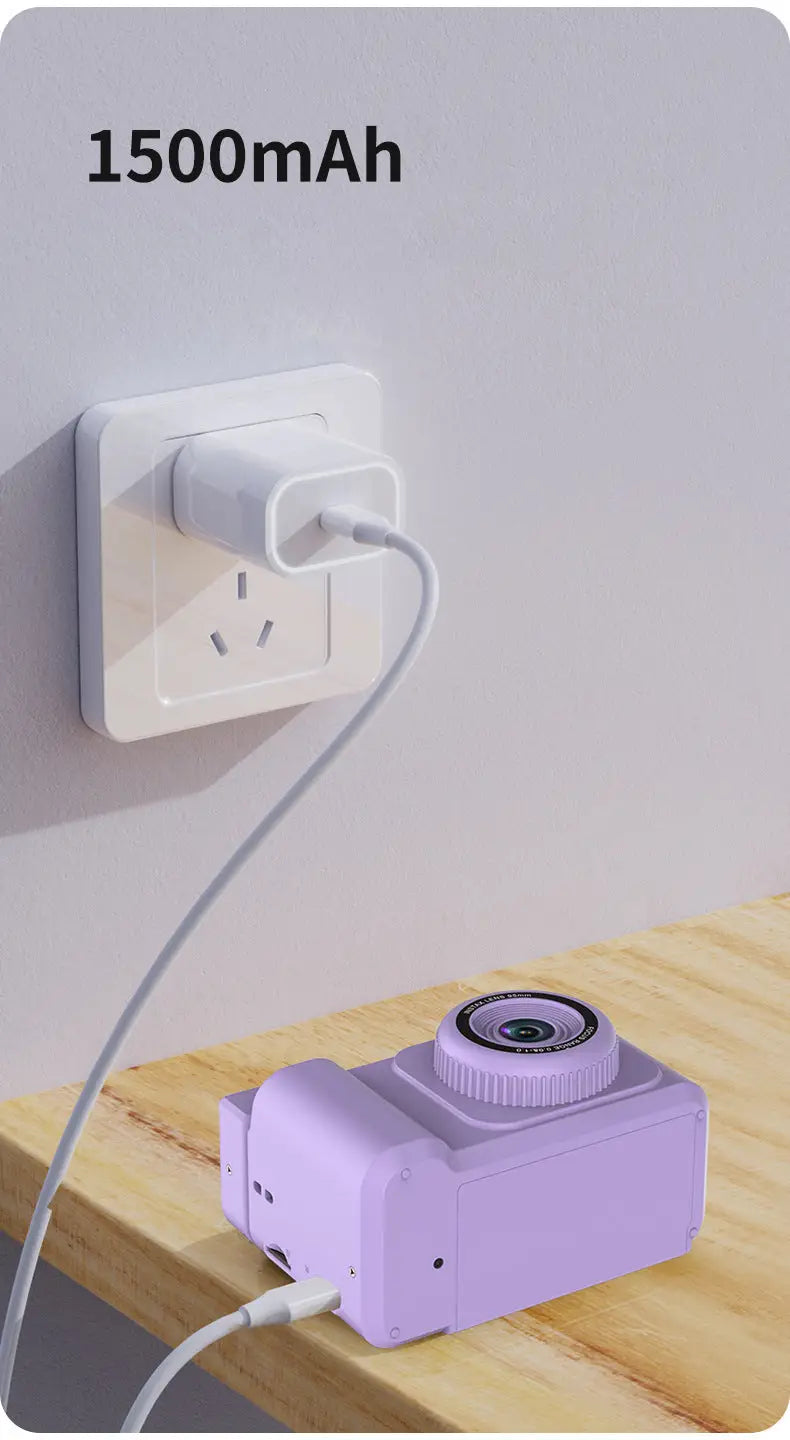 Vu-tek d15 cameră foto instant lilac cu corp plastic și inel texturat, încărcându-se prin cablu la priză