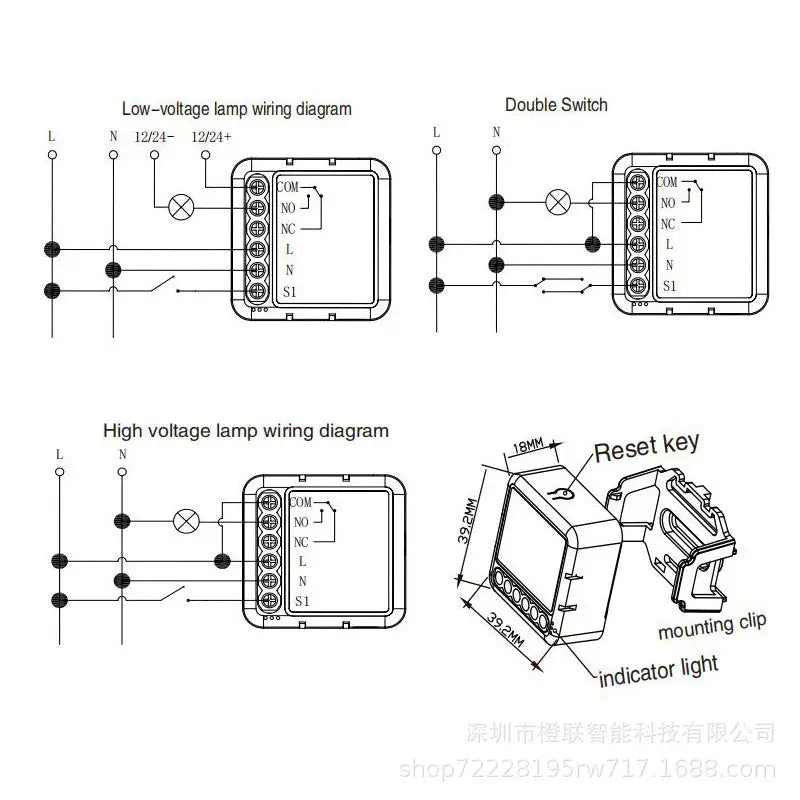 Back side of black plastic releu wifi dry contact switch with labeled terminals com no nc l n and s1 for wifi control