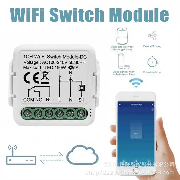 Modul releu wifi dry contact vu-tek alb din plastic cu blocuri terminale verzi si specificatii electrice etichetate