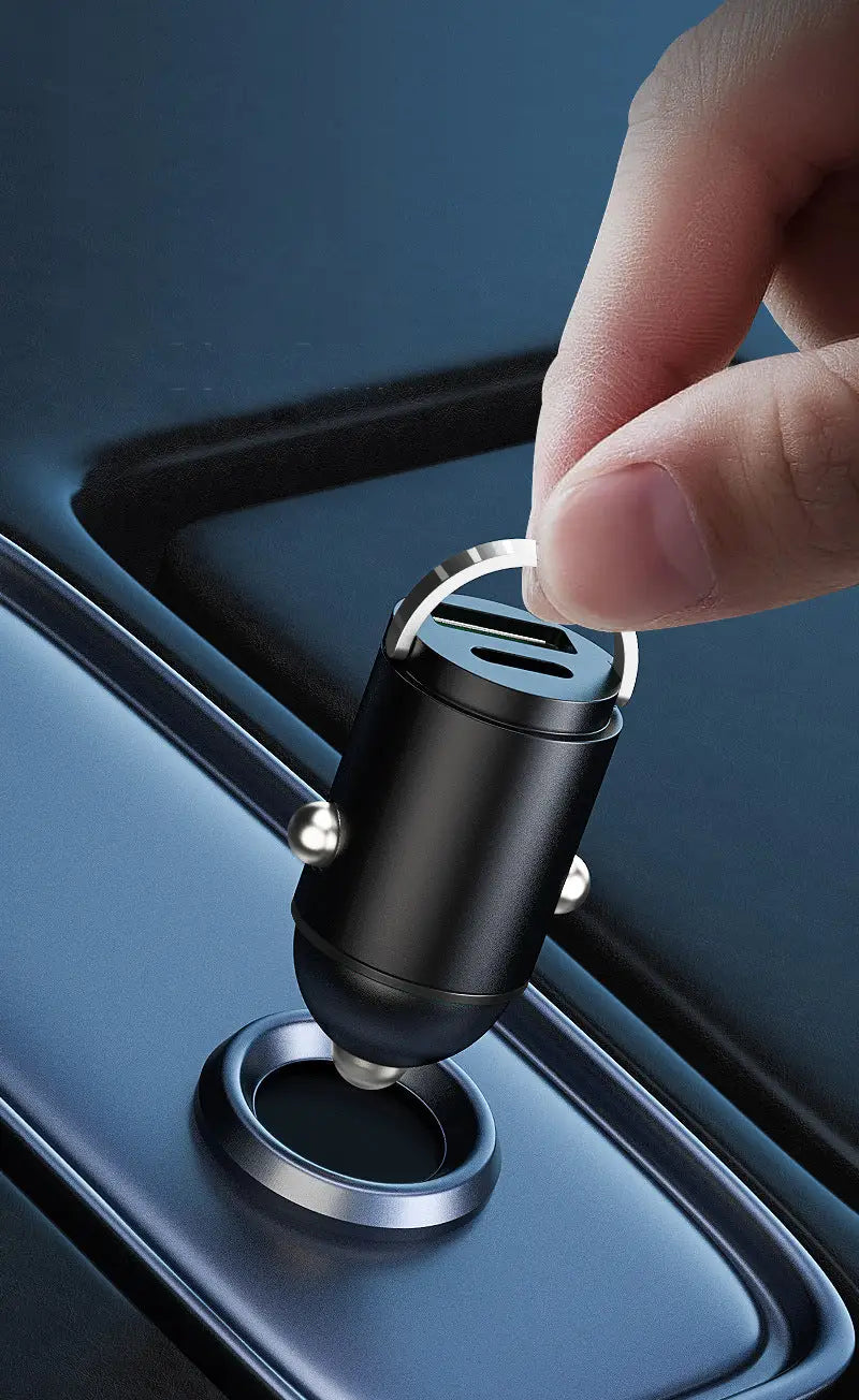 Black and silver vu-tek t99 120w mini invisible car charger with two usb ports and loop handle for easy attachment