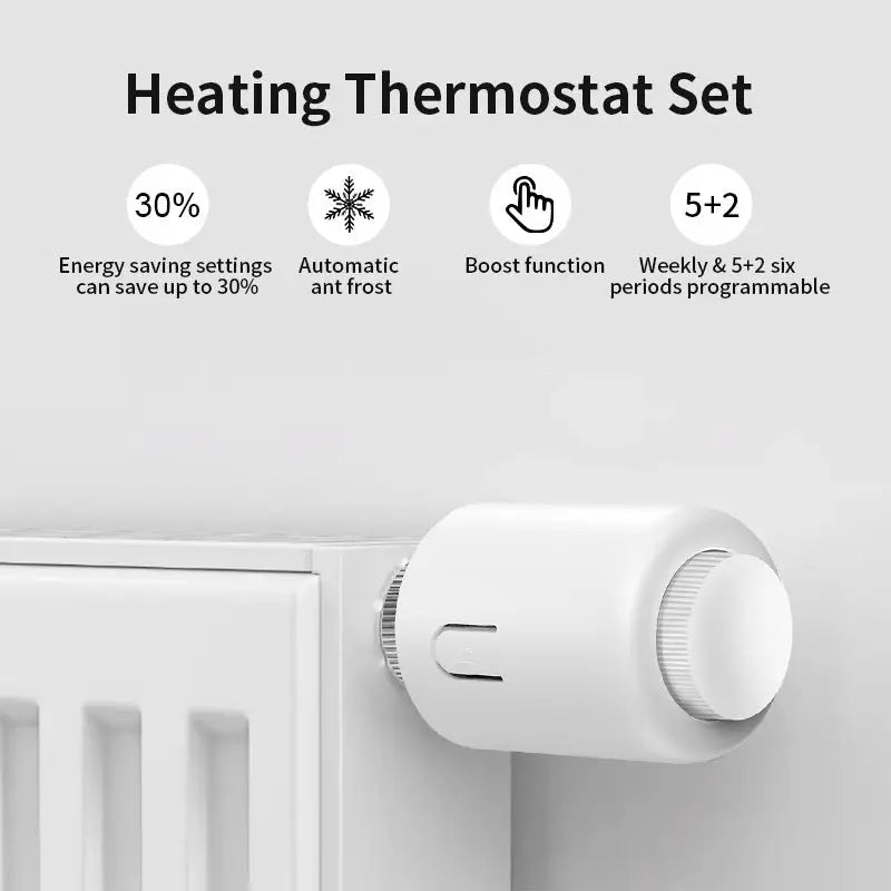 Vană termostatică inteligentă zigbee albă cilindrică cu dial texturat pentru control prin aplicație și programare săptămânală