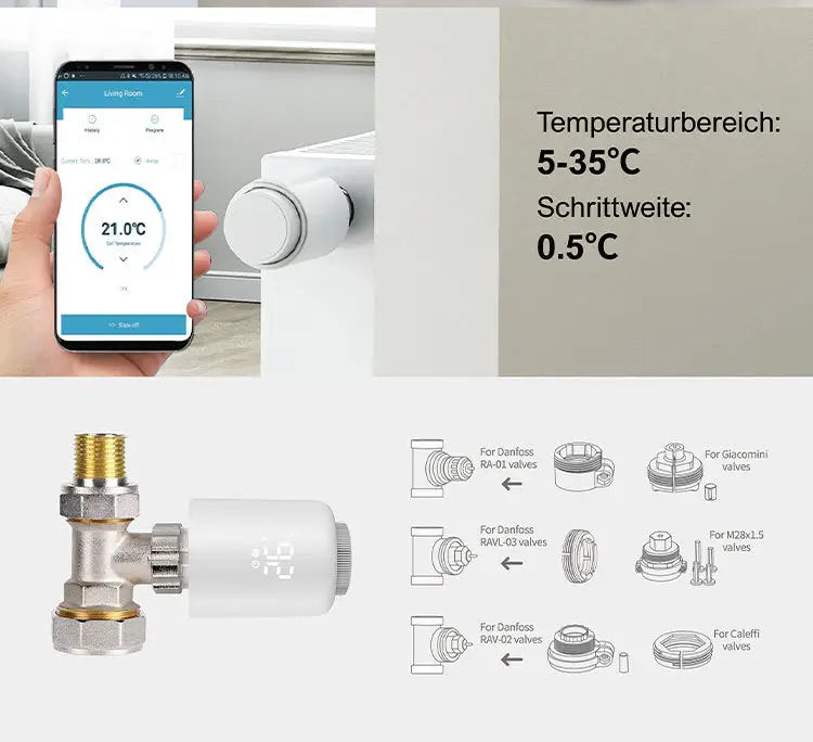 Vană termostatică inteligentă vu-tek albă cu conexiuni metalice și afișaj circular temperatură compatibilă alexa/google
