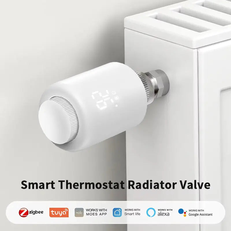 Vană termostatică inteligentă zigbee albă cilindrică cu ecran digital care arată 20 grade c pentru control prin aplicație și compatibilă alexa/google