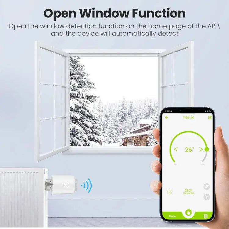 Vană termostatică inteligentă albă cu conectivitate wireless montată pe perete lângă o fereastră deschisă