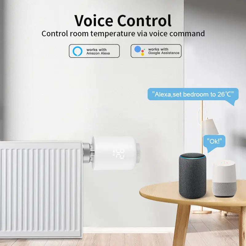 Vană termostatică inteligentă albă cu afișaj digital pentru control vocal compatibilă cu alexa și google