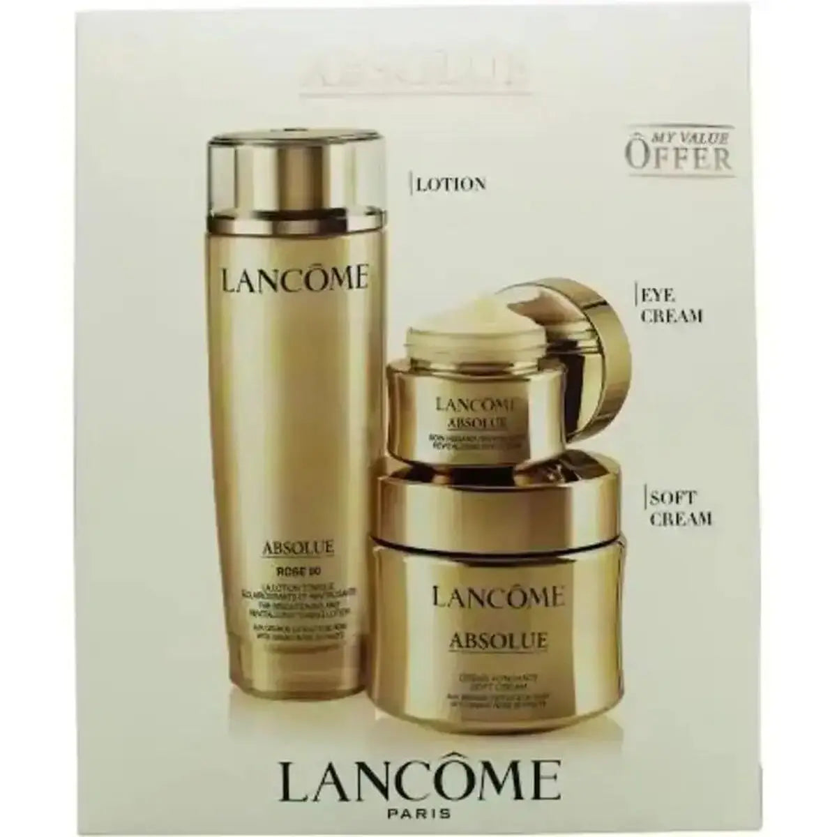 Set skincare lancome absolue rose 18 ton auriu cu sticla înaltă de lotiune și două borcane de cremă pentru femei parfum