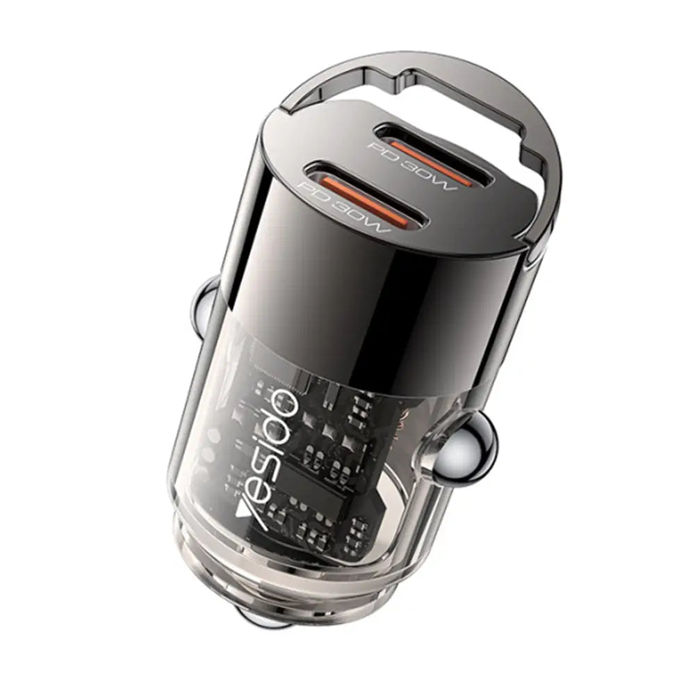Yesido mini incarca rapid pd30w incarcator auto dual-port tip c negru aluminiu cu finisaj metalic si circuite vizibile