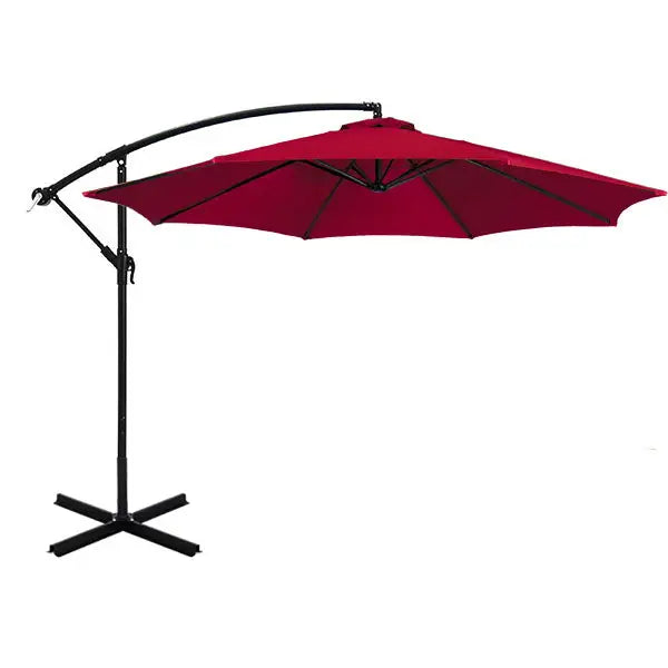 Vibrant red závěsný slunečník 2,7 m with sleek black metal frame and cross-base stand for patio use