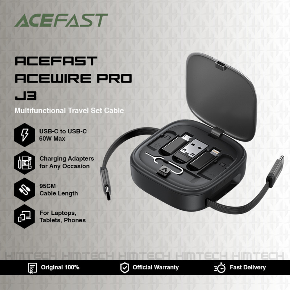 Acefast - Data Cable (J3) - Travel Set with Retractable Cable 2x USB-C, USB, Lightning, Micro-USB, TF, 60W, 3A, 0.95m - Black 2 36941463ad0271374994950136d1efd0