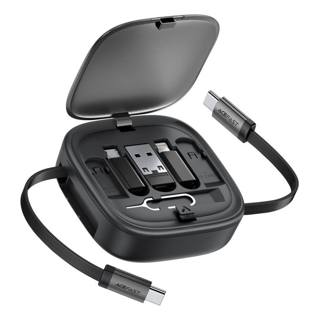 Acefast - Data Cable (J3) - Travel Set with Retractable Cable 2x USB-C, USB, Lightning, Micro-USB, TF, 60W, 3A, 0.95m - Black 1 9b886b048b30f4404f81f212ce20f365
