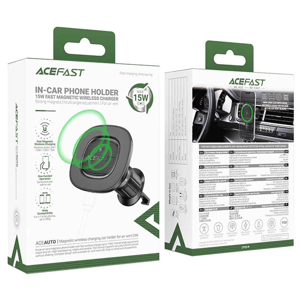 Acefast - Car Holder with Wireless Charging (D46) - for Air Vent, Magnetic Grip, Non-Slip, 15W, for 4.7 - 6.9" Phones - Black 4 Acefast - Car Holder with Wireless Charging (D46) - for Air Vent, Magnetic Grip, Non-Slip, 15W, for 4.7 - 6.9" Phones - Black