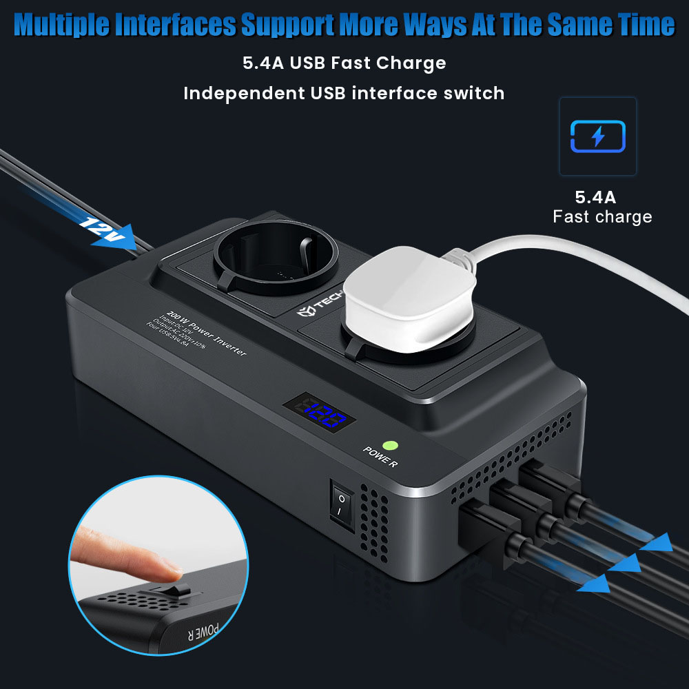 Techsuit - Car Power Inverter PowerDriveX (IA2) - Type-C, 2x USB-A, 2x AC Power Sockets, 220V, 200W - Black 3 685f980638974cc90ce880cded0fa8ac