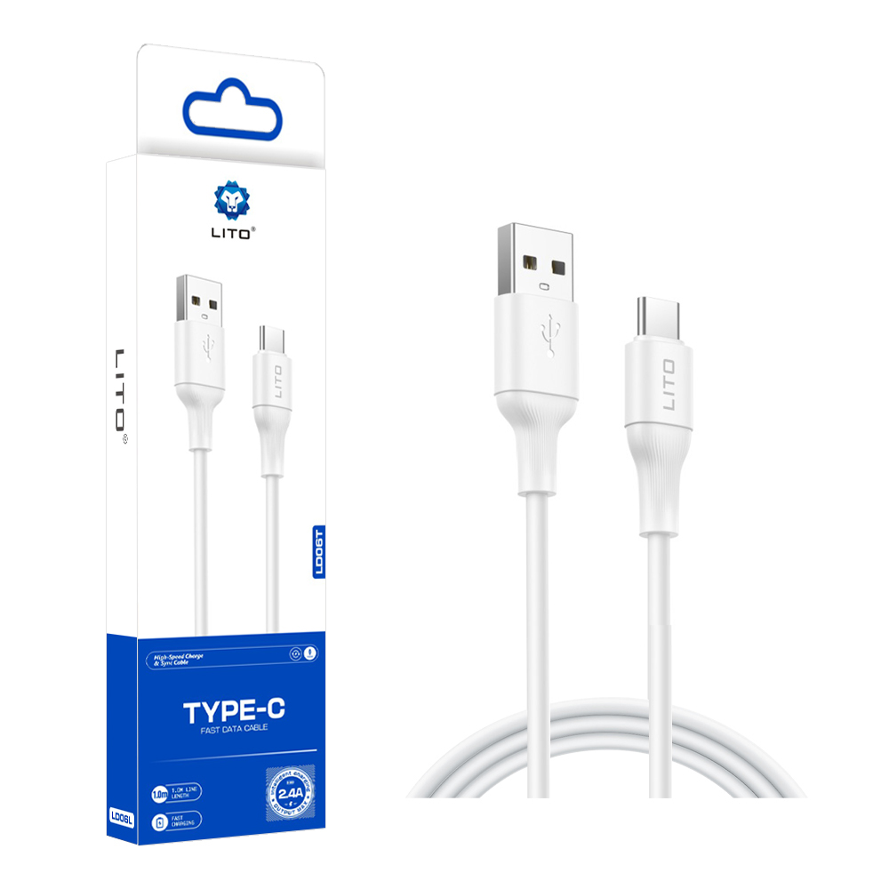 Lito - Data Cable (LD06T) - USB to Type-C, 2.4A, PVC, 1m - White 1 Lito - Data Cable (LD06T) - USB to Type-C, 2.4A, PVC, 1m - White