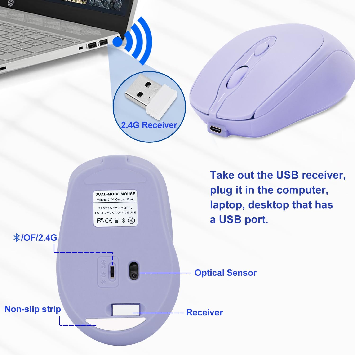 VU-TEK 127 Mouse Wireless Dual mode Bluetooth + WIFI reincarcabil - Lavanda 3 VU-TEK 127 Mouse Wireless Dual mode Bluetooth + WIFI reincarcabil - Lavanda