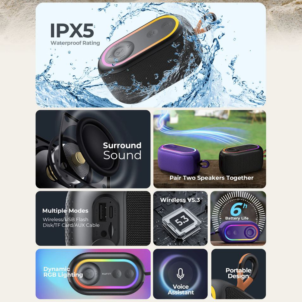 Havit - Wireless Speaker (SK809BT) - USB-C, Bluetooth 5.3, TWS, TF, USB, FM, AUX, Hands-Free Call, RGB, IPX5, 1200mAh - Violet 7 Havit - Wireless Speaker (SK809BT) - USB-C, Bluetooth 5.3, TWS, TF, USB, FM, AUX, Hands-Free Call, RGB, IPX5, 1200mAh - Violet