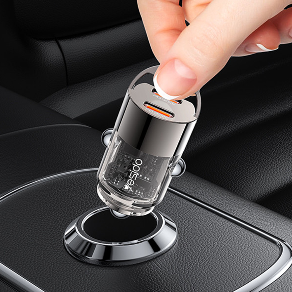 Yesido - Mini Car Charger- Dual-Port Type-C, PD30W, Aluminum Alloy, Fast Charging - Black 6 Yesido - Mini Car Charger- Dual-Port Type-C, PD30W, Aluminum Alloy, Fast Charging - Black