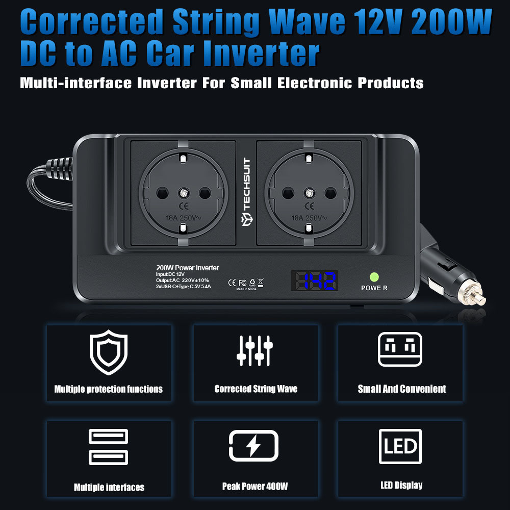 Techsuit - Car Power Inverter PowerDriveX (IA2) - Type-C, 2x USB-A, 2x AC Power Sockets, 220V, 200W - Black 5 f53f280e765c47000f3ef9ae5e92a734
