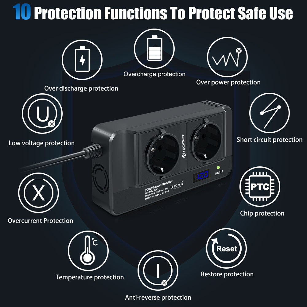 Techsuit - Car Power Inverter PowerDriveX (IA2) - Type-C, 2x USB-A, 2x AC Power Sockets, 220V, 200W - Black 4 f5eece1ae055a73de4a346a54cb3612a