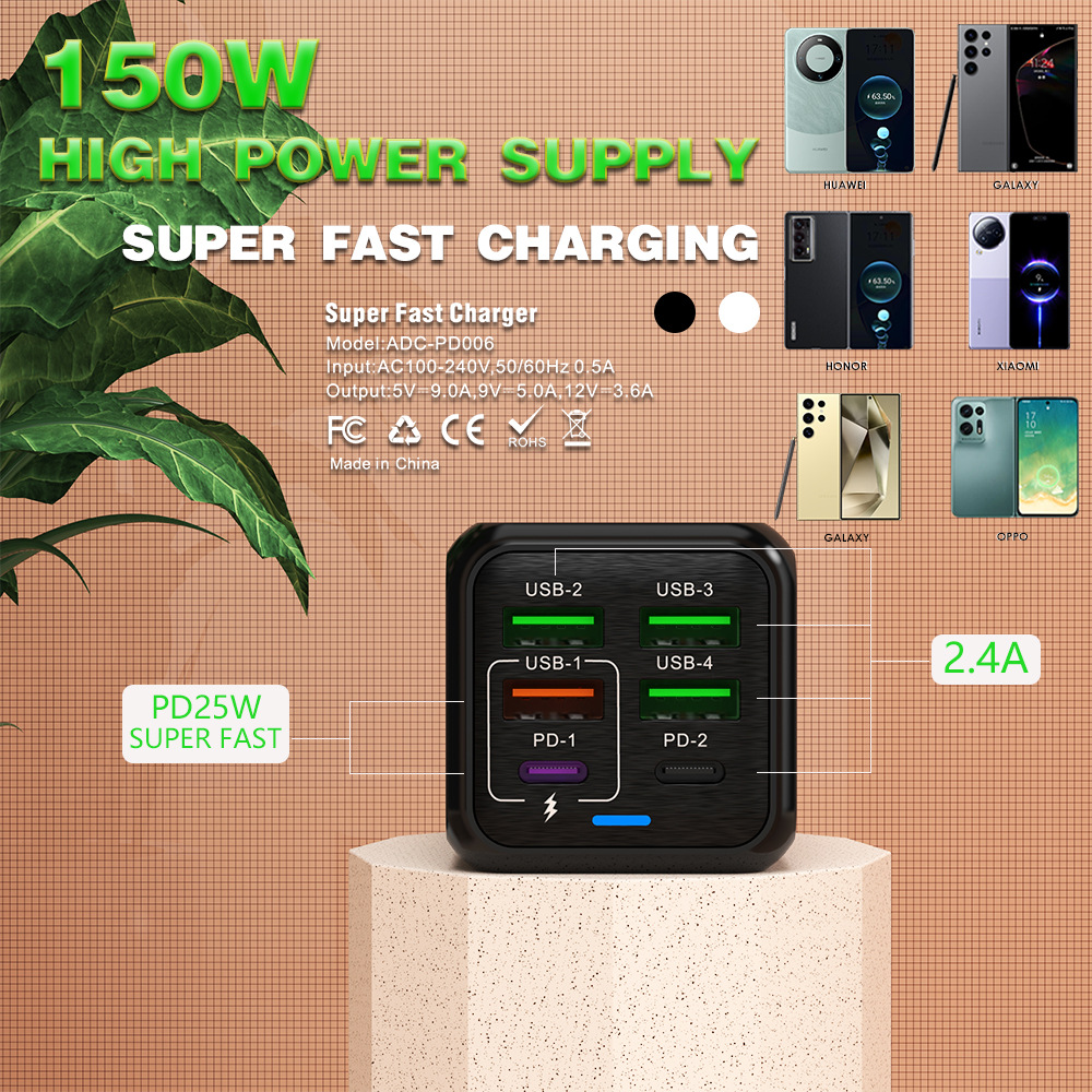 VU-TEK incarcator 150W, 4 porturi USB + 2 porturi PD pentru încărcare rapidă, 5 V 2,4 A 3 VU-TEK incarcator 150W, 4 porturi USB + 2 porturi PD pentru încărcare rapidă, 5 V 2,4 A