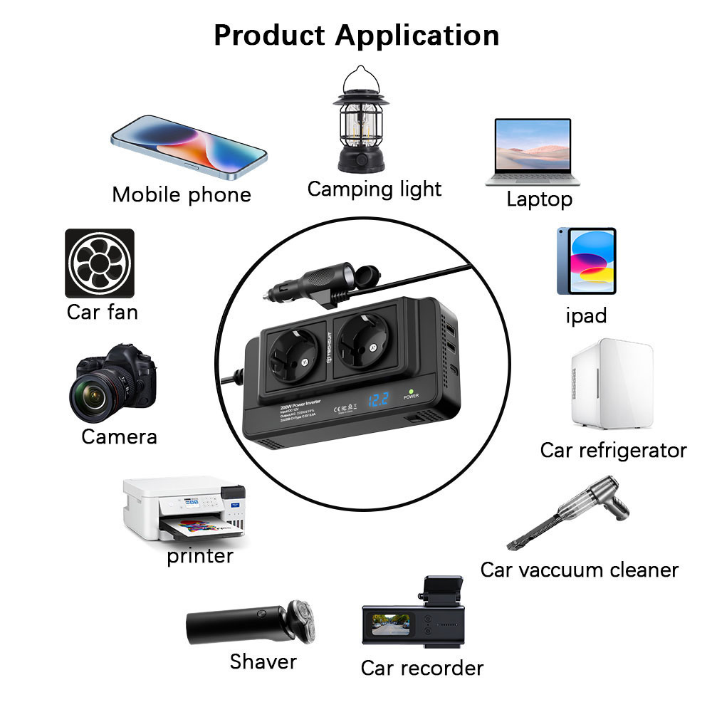 Techsuit - Car Power Inverter PowerDriveX (IA2) - Type-C, 2x USB-A, 2x AC Power Sockets, 220V, 200W - Black 6 64ceef7a82853161944ce0695cc9c141