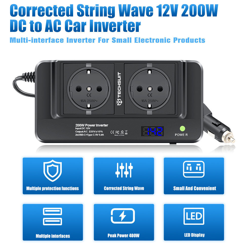 Techsuit - Car Power Inverter PowerDriveX (IA2) - Type-C, 2x USB-A, 2x AC Power Sockets, 220V, 200W - Black 7 dd10299ebd88ff67dbc6b301b7ab8ecb