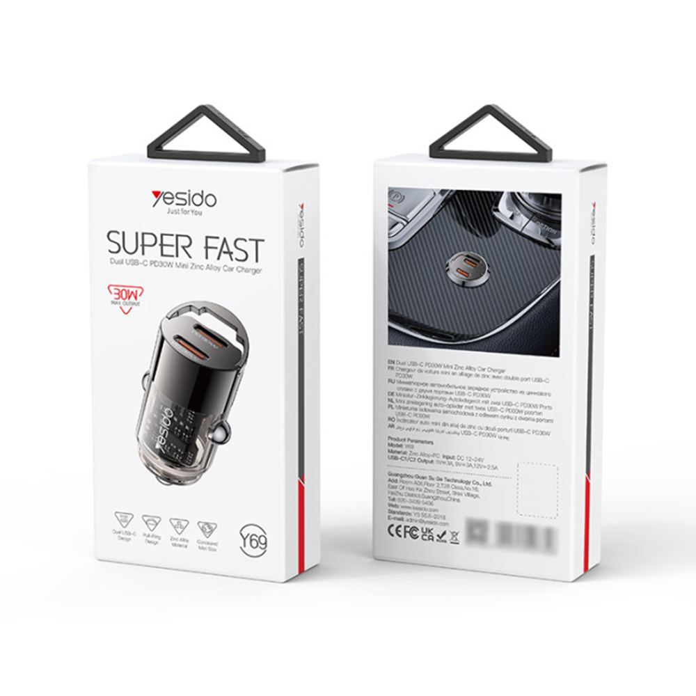 Yesido - Mini Car Charger- Dual-Port Type-C, PD30W, Aluminum Alloy, Fast Charging - Black 2 Yesido - Mini Car Charger- Dual-Port Type-C, PD30W, Aluminum Alloy, Fast Charging - Black